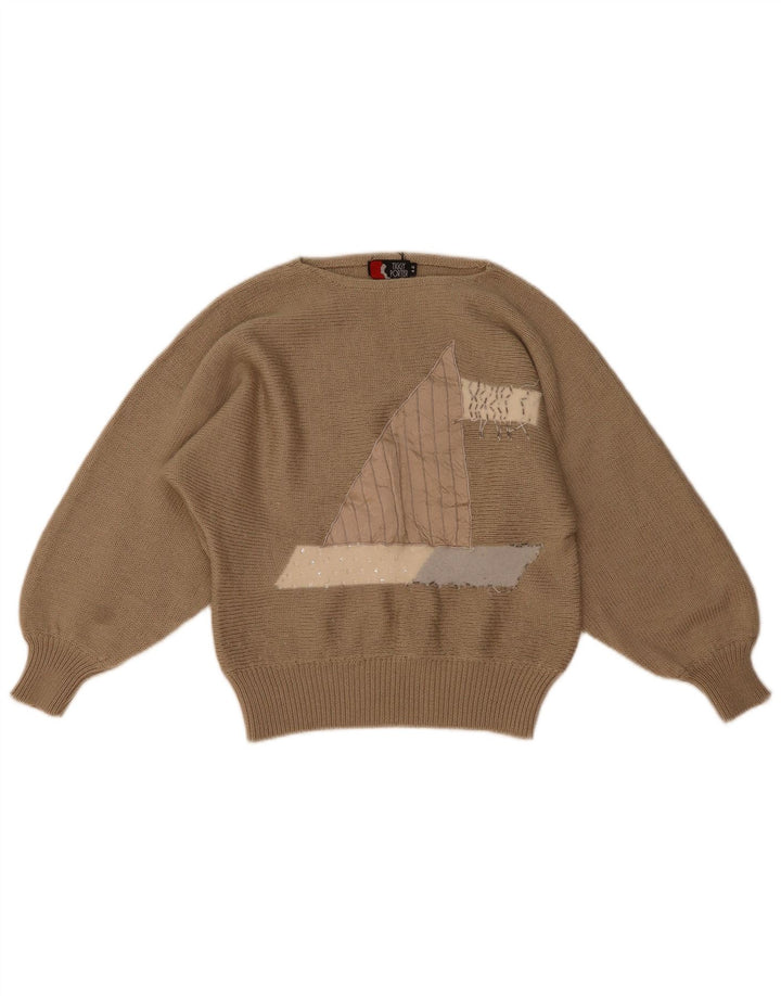 Vintage Dame Grafisk Boat Neck Jumper Sweater IT 42 Medium Brown