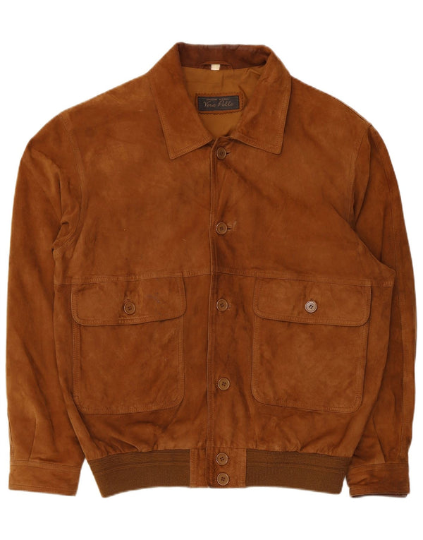 Vintage Ανδρικό Suede Bomber Jacket IT 50 Large Brown Δερμάτινο