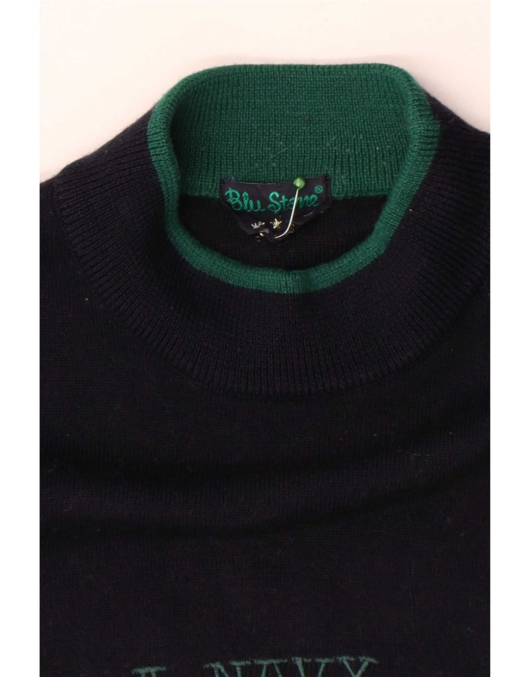 Vintage herre grafisk skildpadde hals sweater stor marineblå