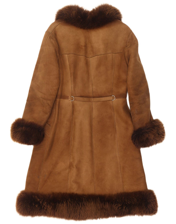 Casaco feminino vintage de shearling Reino Unido 14 couro marrom médio