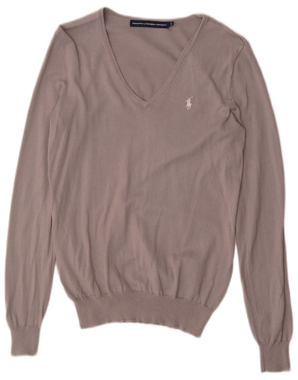 Ralph Lauren Womens V-Neck Jumper Sweater UK 10 Small Grey Cotton