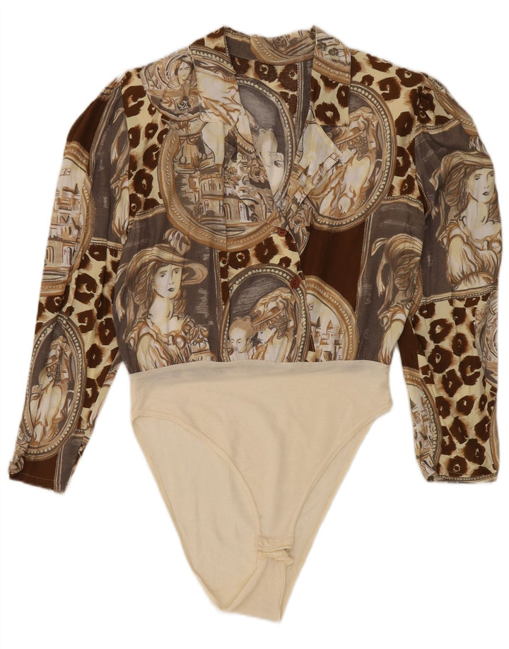Body a maniche lunghe da donna vintage con motivo astratto UK 14 Marrone medio