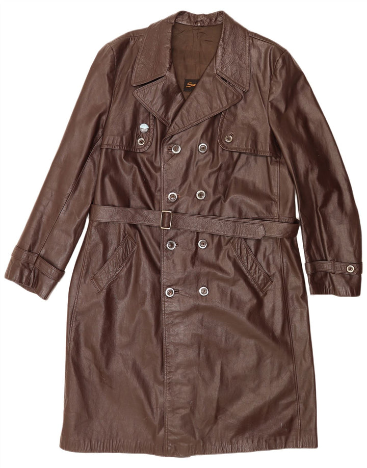 Vintage herre læder dobbeltradet frakke IT 56 2XL Brun Klassisk