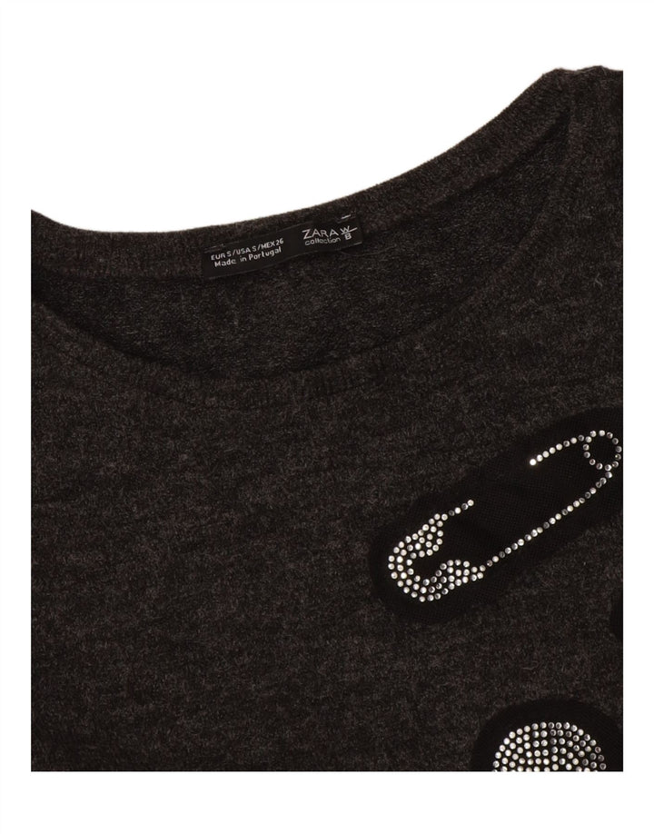 Zara Womens Crop Graphic Top Long Sleeve UK 10 Small Grey