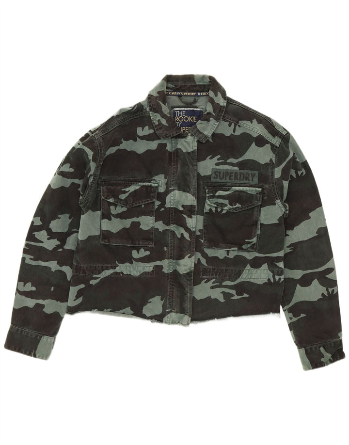 Superdry Womens Crop Denim Jacket UK 12 Medium Green Camouflage Cotton