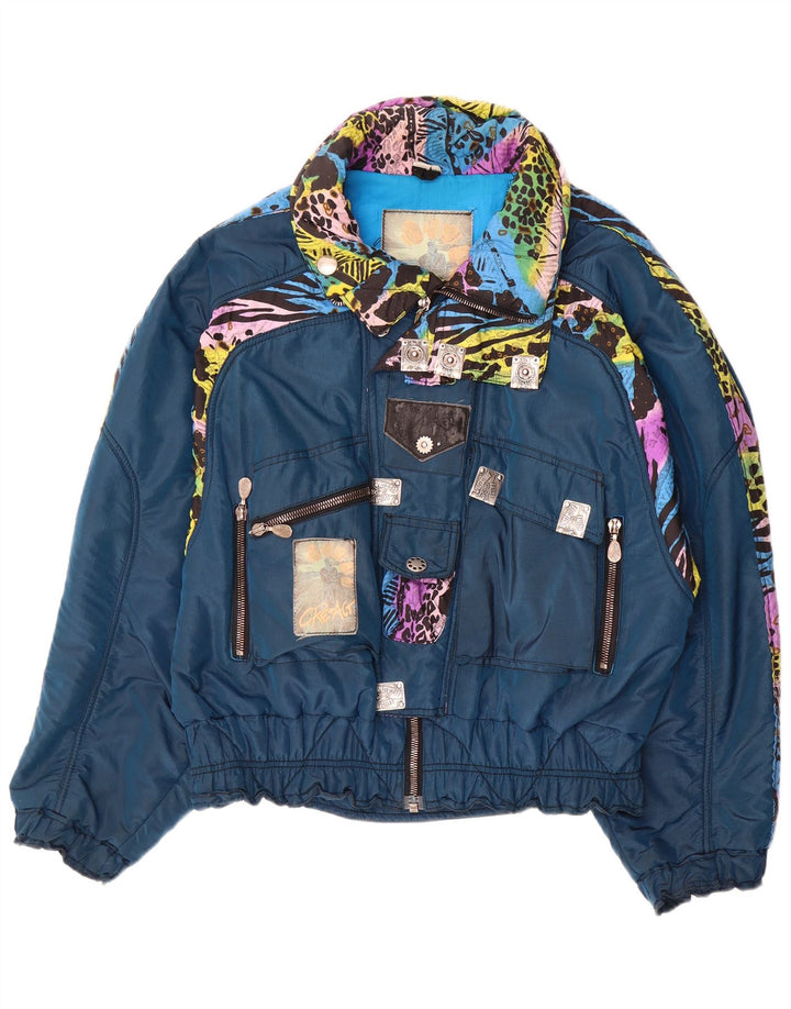Vintage Womens Oversized Ski Jacket IT 52 2XL Blue Animal Print Polyamide