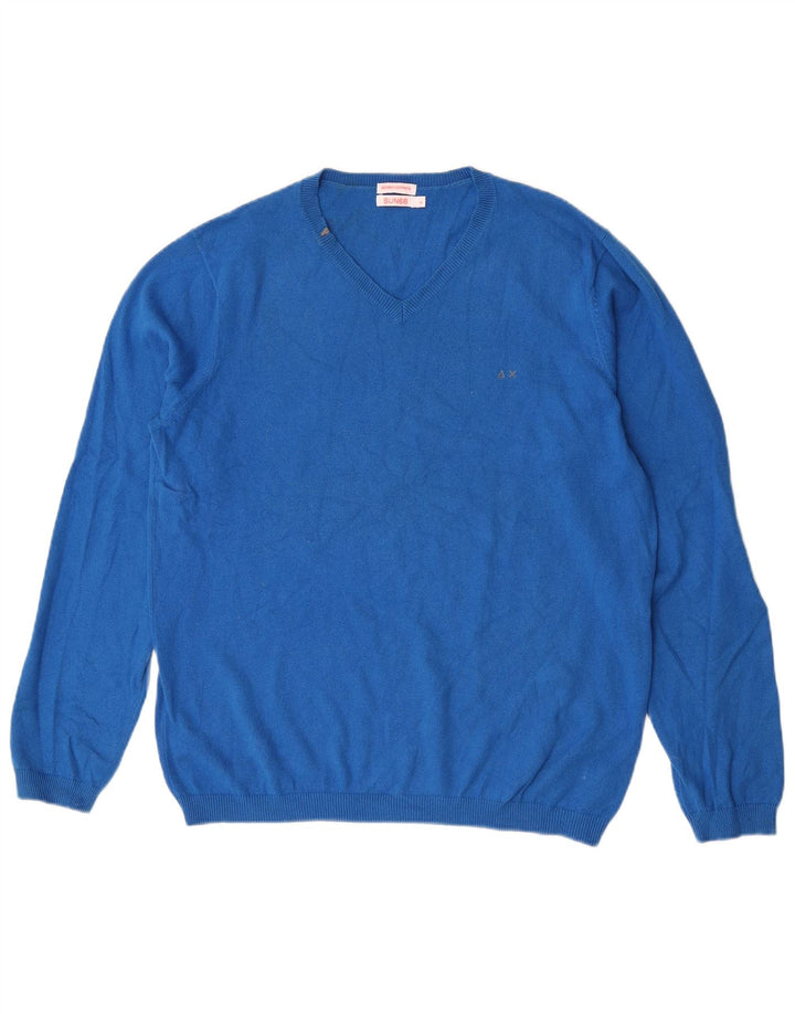 Sun68 Herren-Pullover mit V-Ausschnitt, groß, blaue Baumwolle