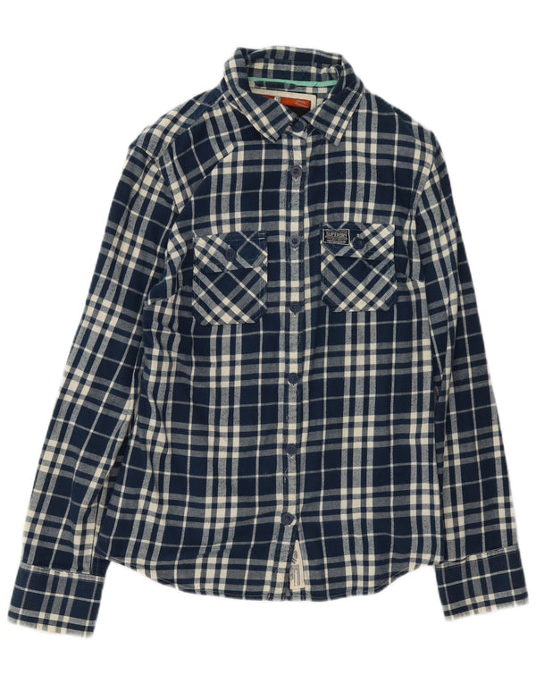 Superdry Womens Flannel Shirt UK 14 Large Navy Blue Check Cotton