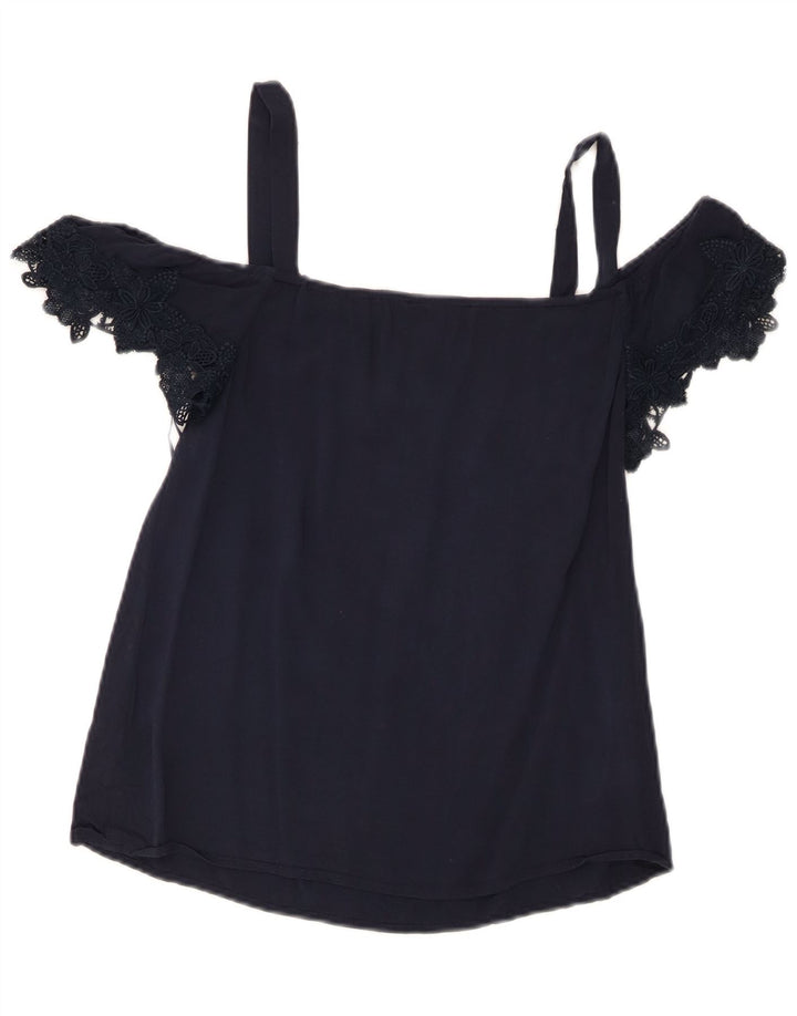 Oasis Womens Crop Off Shoulder Top UK 8 Small Navy Blue Viscose