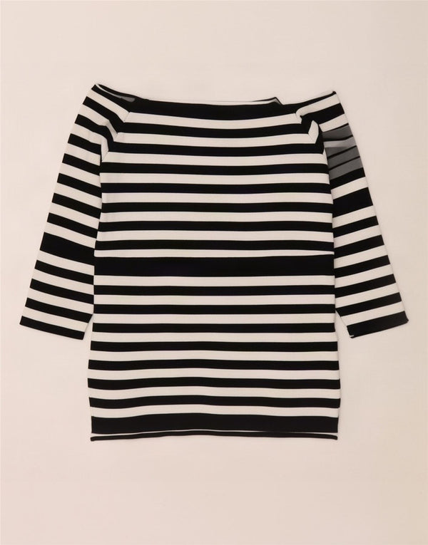 Zara Femme Haut à Manches 3/4 Épaules Dénudées UK 10 Petite Viscose Rayée Noire
