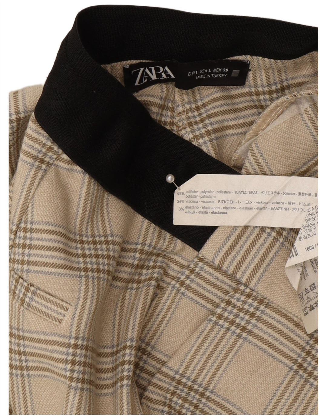 Zara Womens Tapered Suit Trousers Large W30 L27 Beige Check Polyester