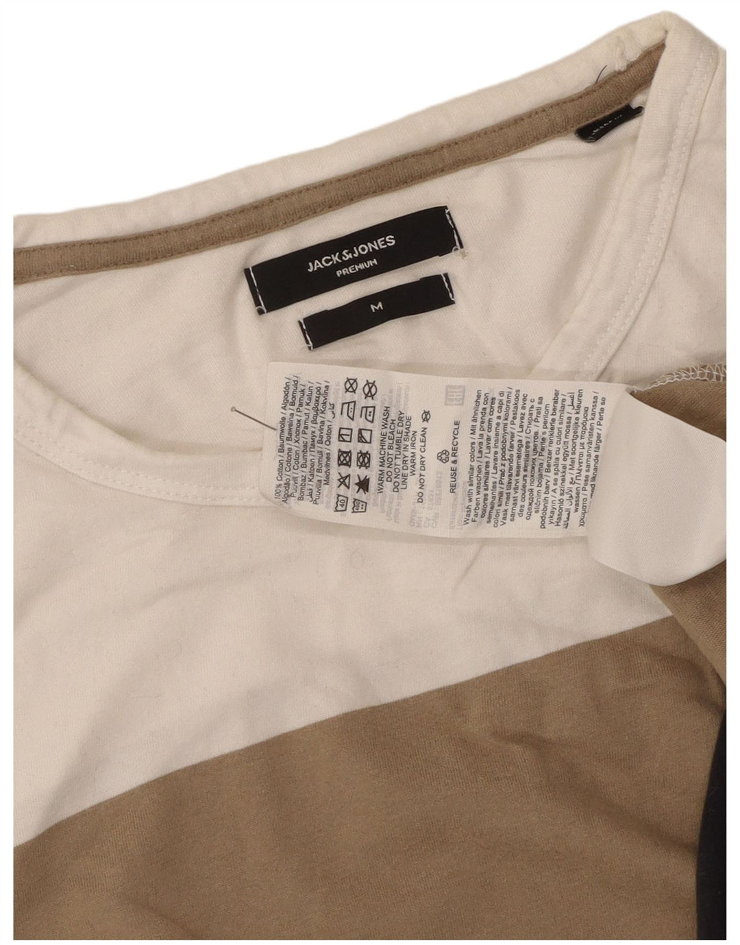 Jack & Jones Mens T-Shirt Top Medium Beige Colourblock Cotton