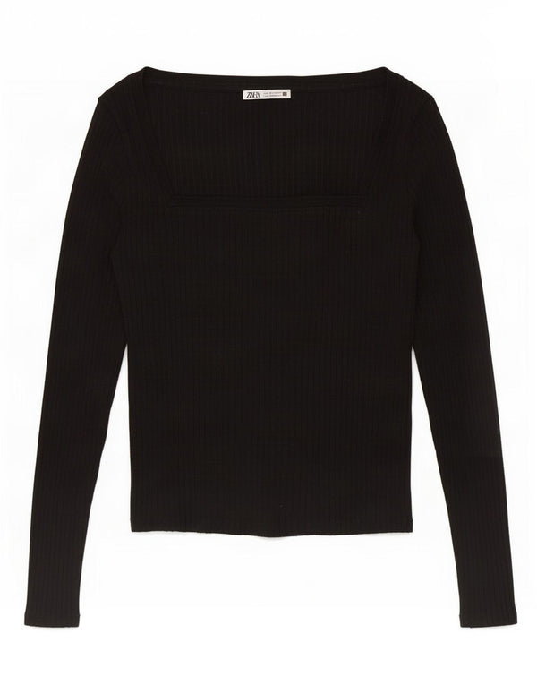 Zara Womens Crop Top Manches Longues UK 14 Large Noir
