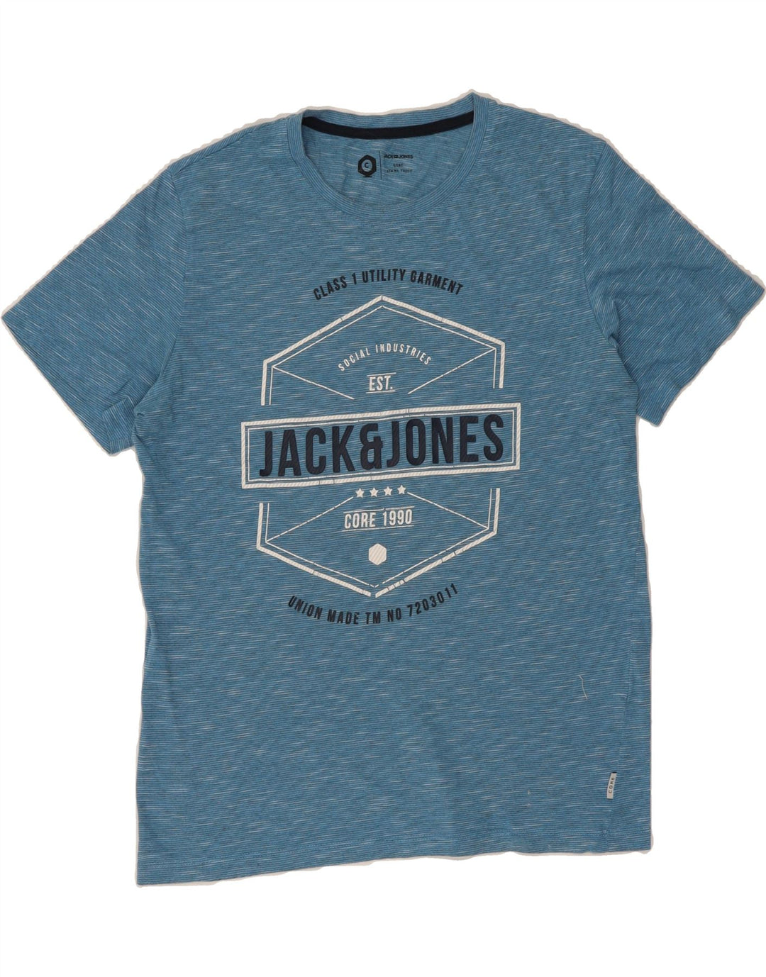 JACK & JONES Mens Graphic T-Shirt Top Medium Blue Flecked Cotton Vintage Jack & Jones and Second-Hand Jack & Jones from Messina Hembry 