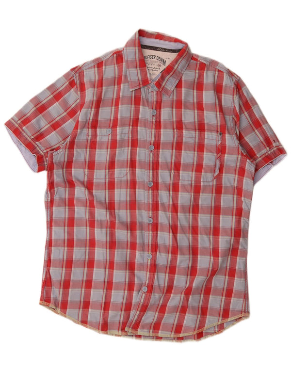 Tommy Hilfiger Mens Short Sleeve Shirt Large Red Check Cotton