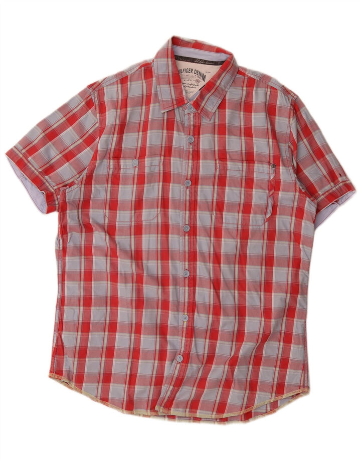Tommy Hilfiger Mens Short Sleeve Shirt Large Red Check Cotton