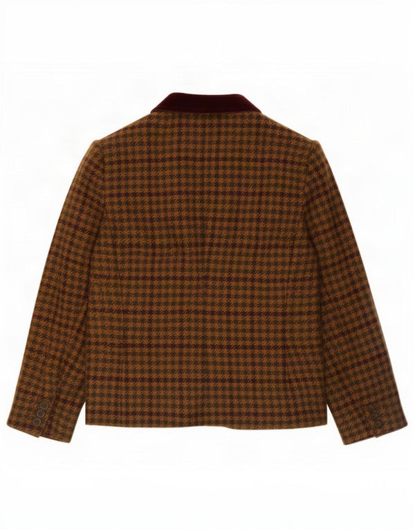 Giacca blazer vintage da donna a 1 bottone UK 14 grande lana pied de poule marrone
