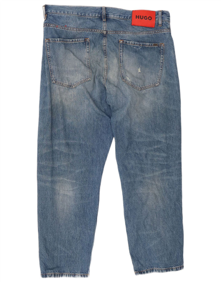 HUGO BOSS Mens Distressed Straight Jeans W34 L27 Blue Cotton