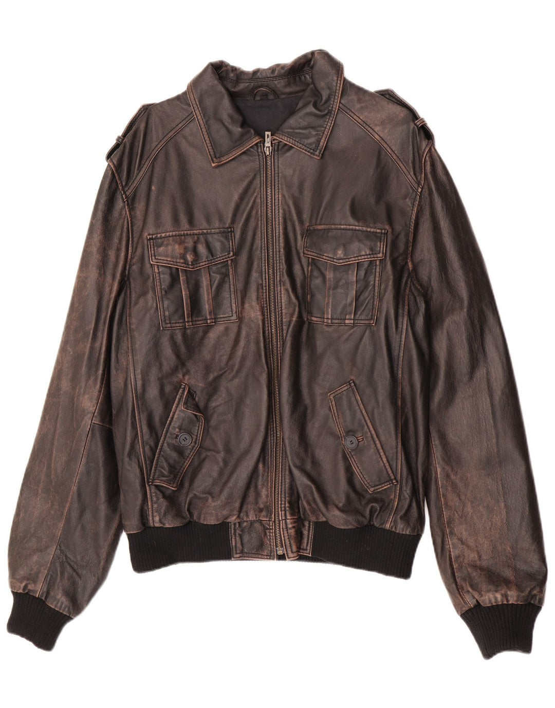 ENJOY Mens Military Leather Jacket UK 42 XL Brown Leather