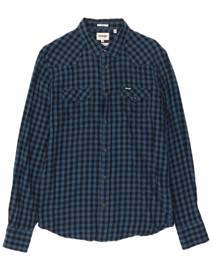 WRANGLER Mens Slim Flannel Shirt Medium Blue Gingham Cotton