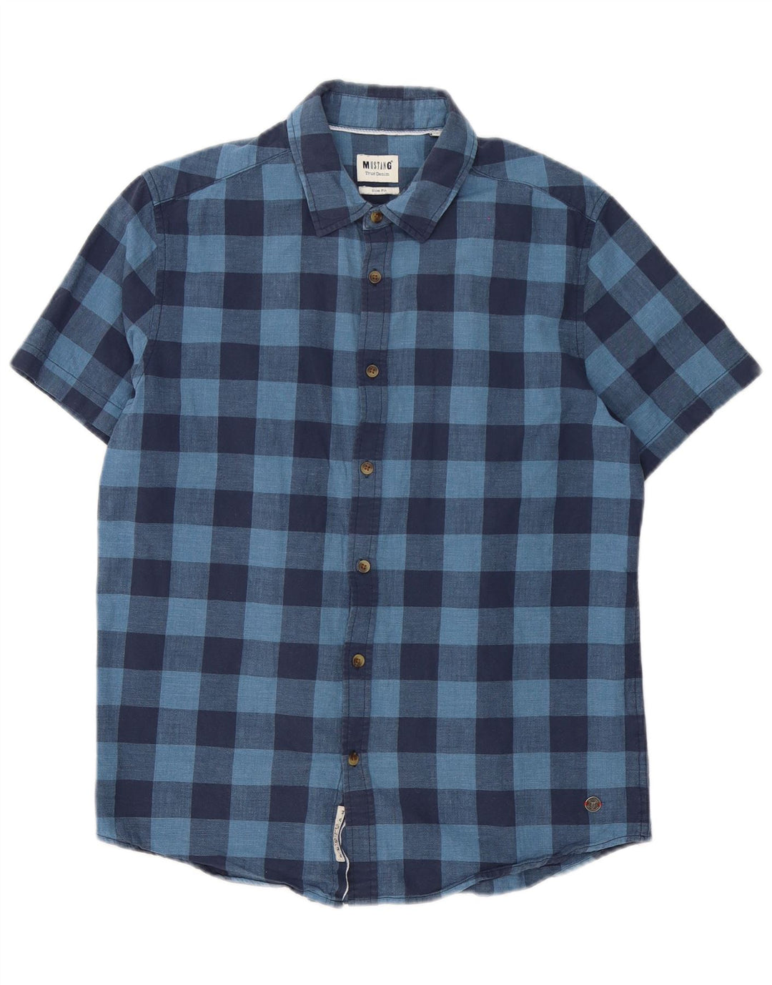 Mustang Mens Short Sleeve Slim Fit Shirt Medium Blue Gingham