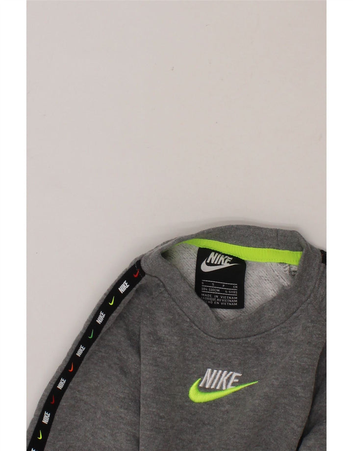 NIKE Boys Graphic Sweatshirt Jumper 4-5 Years Small  Grey Colourblock Vintage Nike and Second-Hand Nike from Messina Hembry 