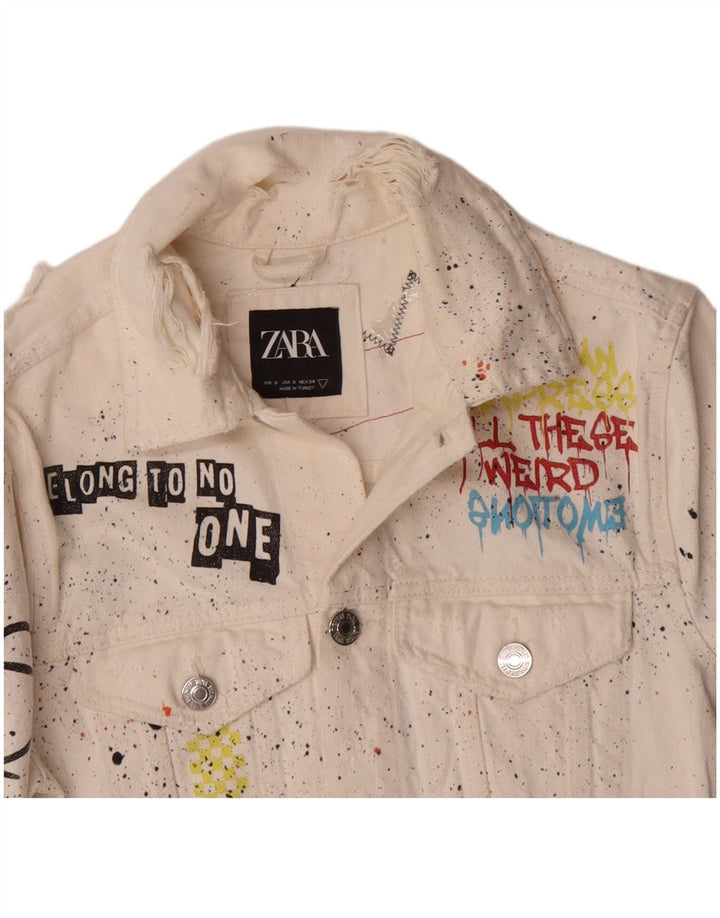 Zara Mens Graphic Denim Jacket UK 36 Small White Flecked Cotton