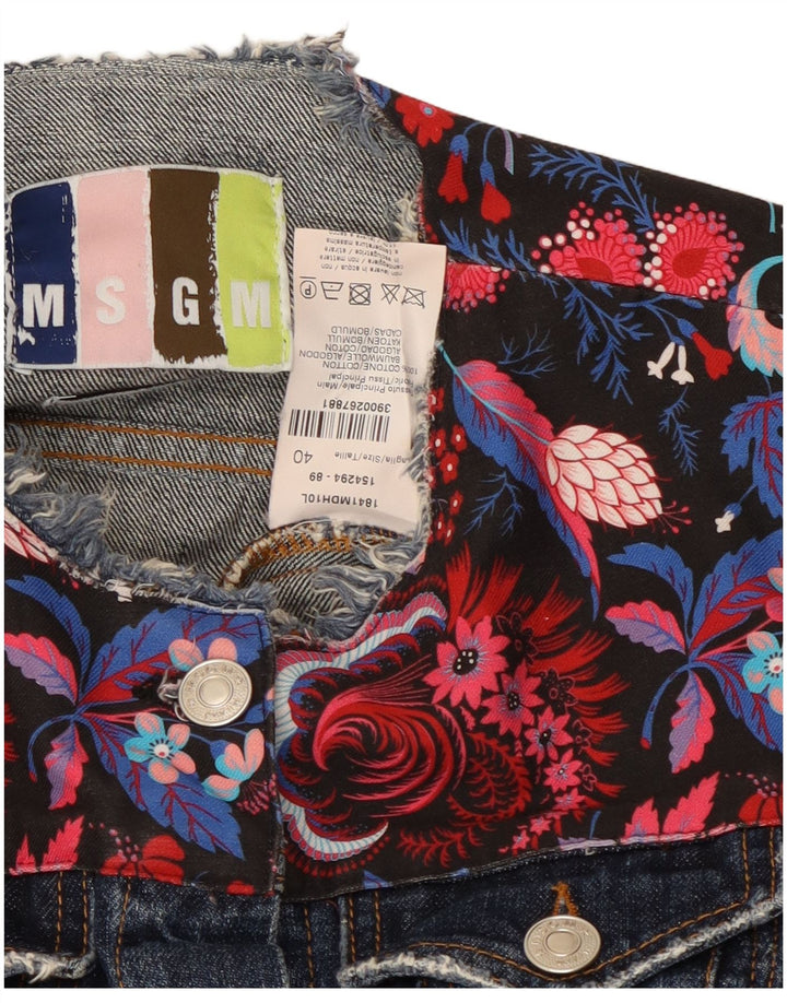 MSGM Womens Crop 3/4 Sleeve Denim Jacket IT 40 Small Navy Blue Floral