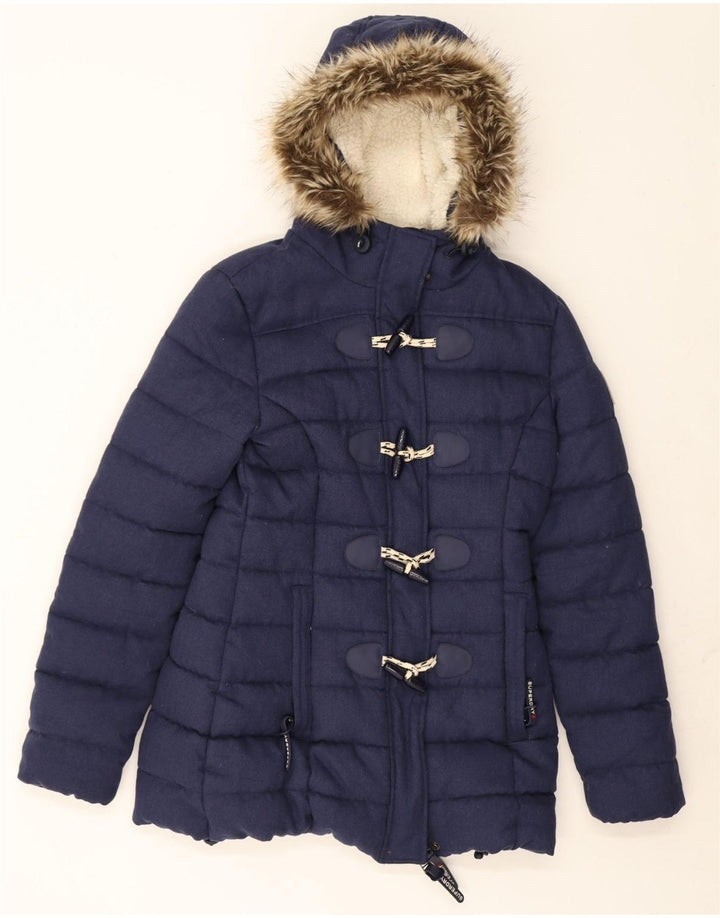 SUPERDRY Womens Hooded Duffle Padded Jacket UK 10 Small Navy Blue Vintage Superdry and Second-Hand Superdry from Messina Hembry 