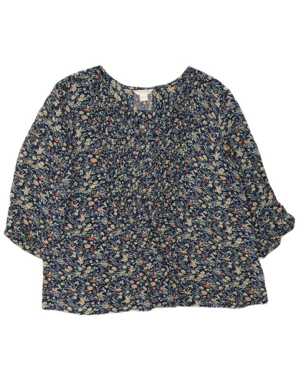 Monsoon Chemisier à Manches 3/4 pour Femme UK 16 Large Bleu Marine Floral Viscose