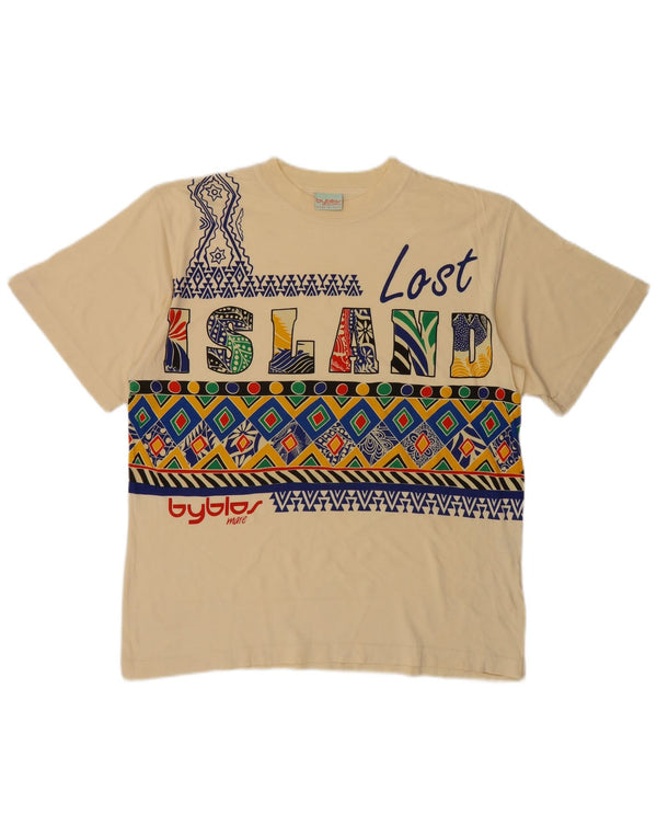 Byblos Mens Graphic T-Shirt Top Large Beige Cotton