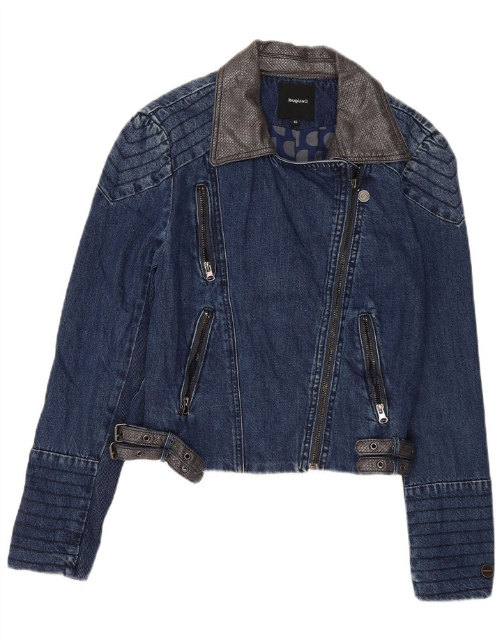 Desigual Womens Crop Denim Jacket EU 40 Medium Navy Blue Floral Cotton