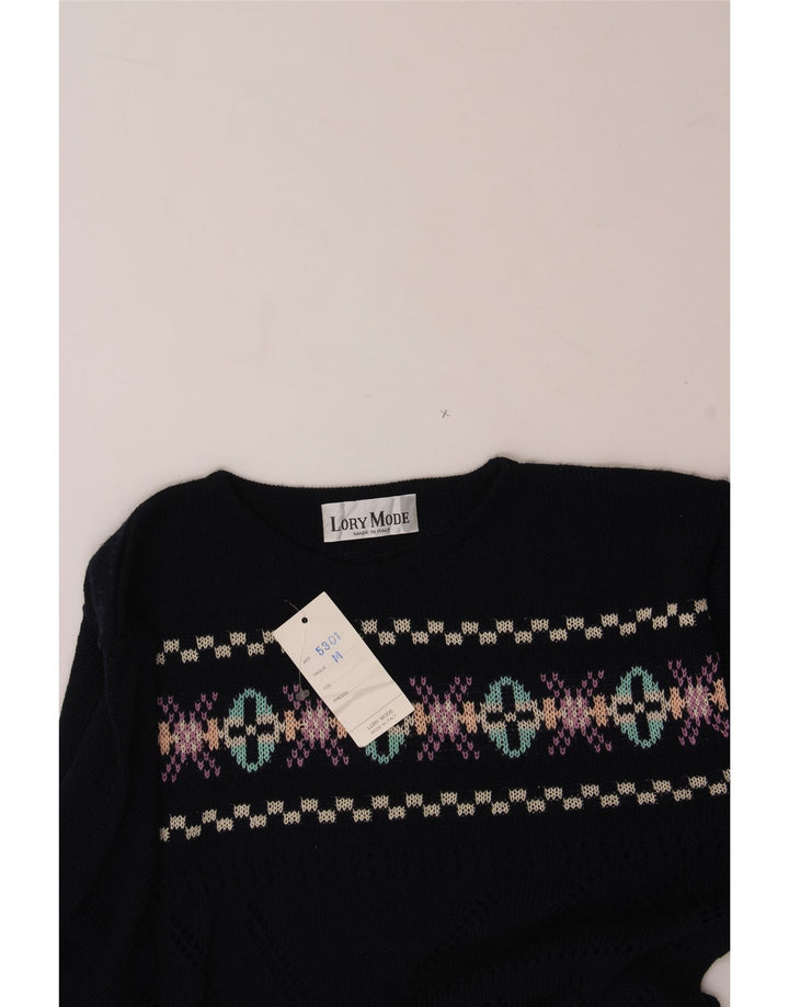 VINTAGE  Boat Neck Jumper Sweater UK 14 Medium Navy Blue Geometric Vintage Vintage and Second-Hand Vintage from Messina Hembry 