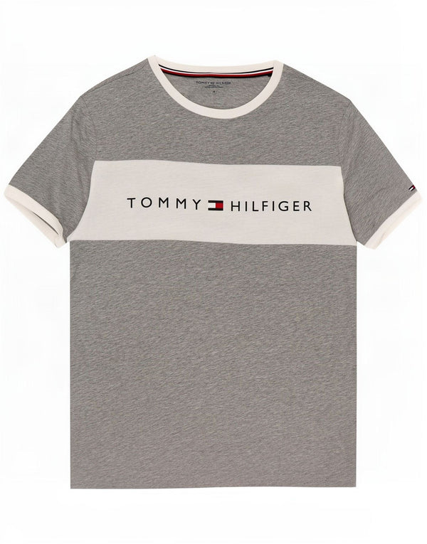 Tommy Hilfiger Camiseta masculina gráfica top pequeno cinza colorblock algodão