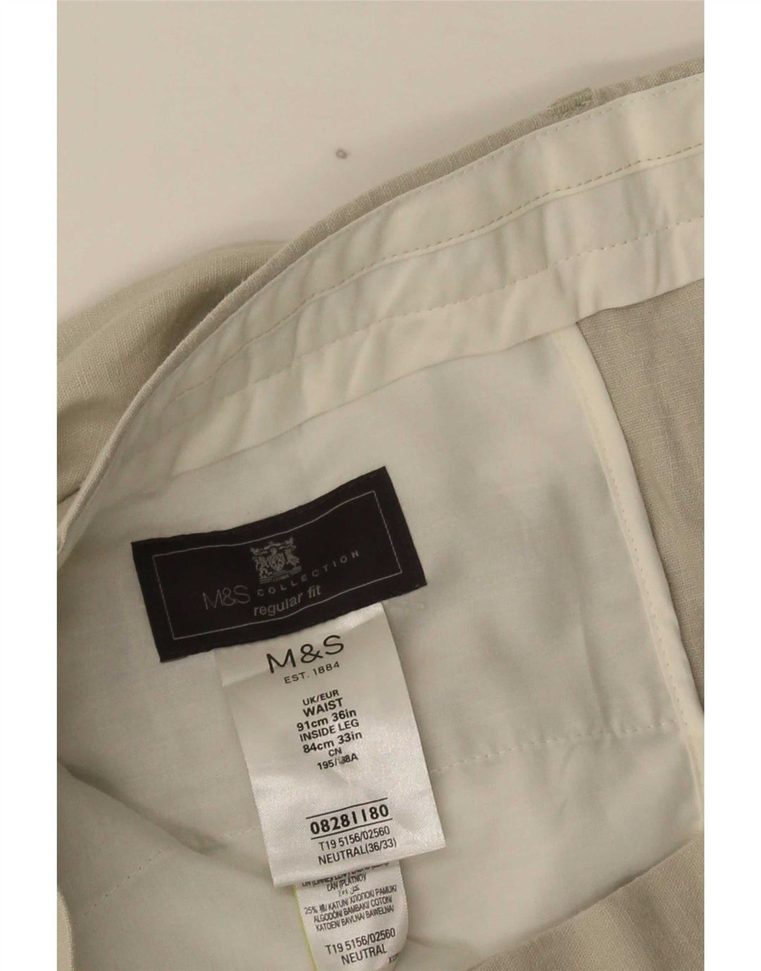 Marks & Spencer Mens Regular Fit Chino Trousers W36 L33 Beige Flax
