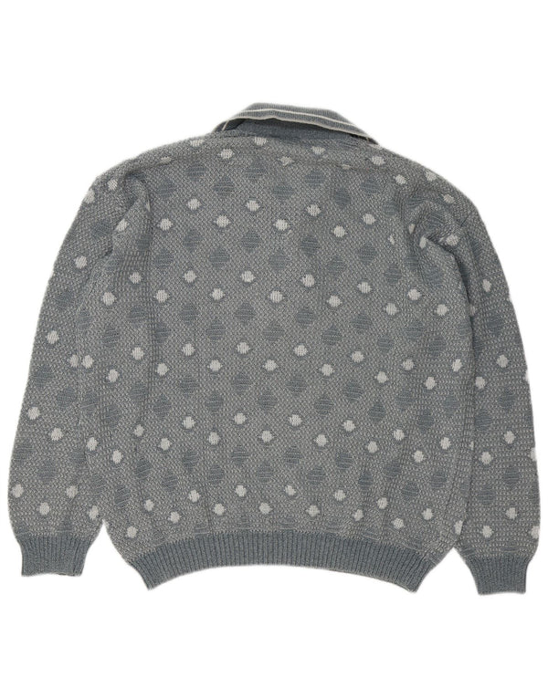 Vintage męski sweter polo, duży, szary, geometryczny