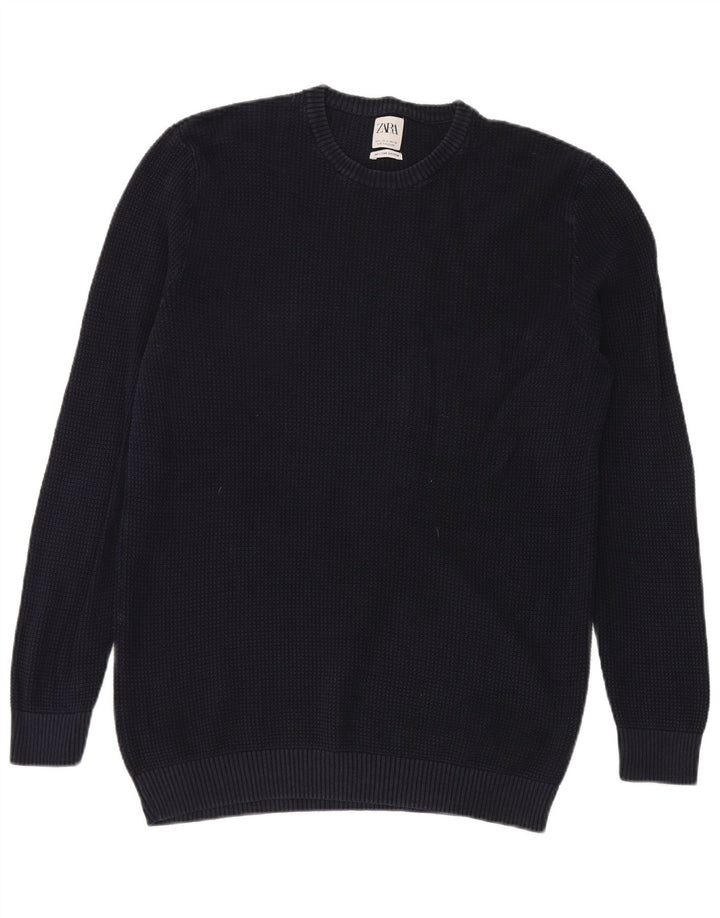 Zara Mens Crew Neck Jumper Sweater Large Navy Blue Cotton