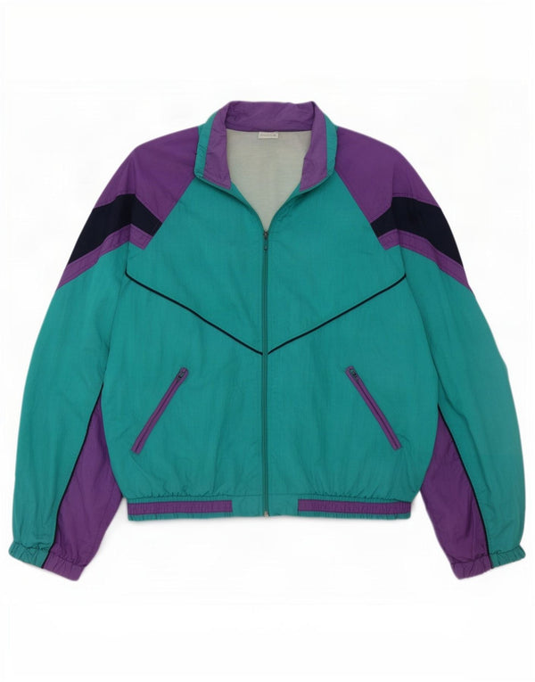 vintage Femme Survêtement Top Veste UK 16 Grand Vert Colourblock Rétro