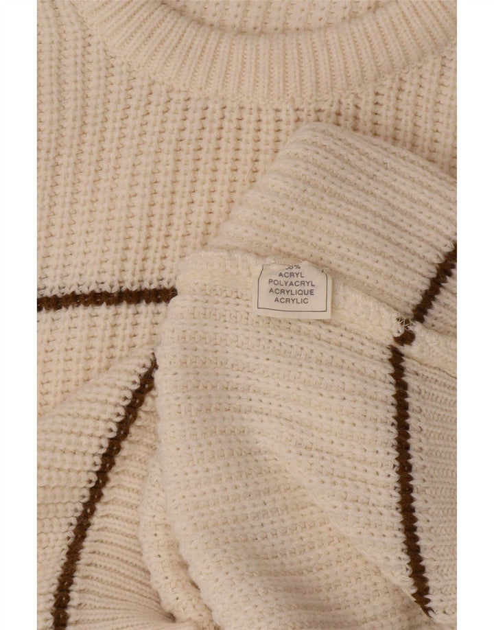 Vintage Mens Crew Neck Jumper Sweater Medium Off White Striped Acrylic