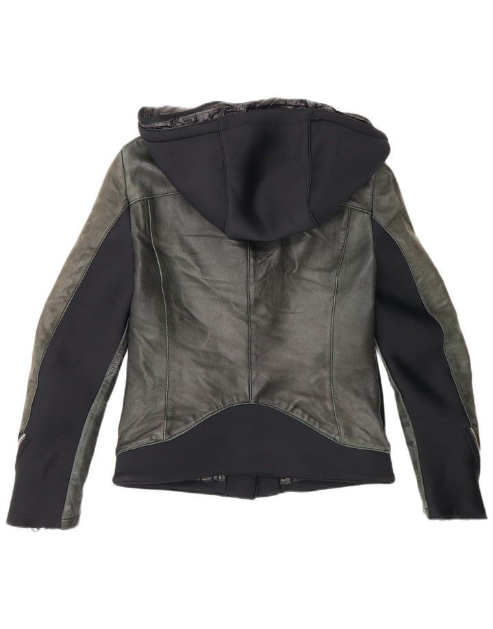 Delan Dame Hooded Læder Biker Jacket IT 42 Medium Green Colourblock