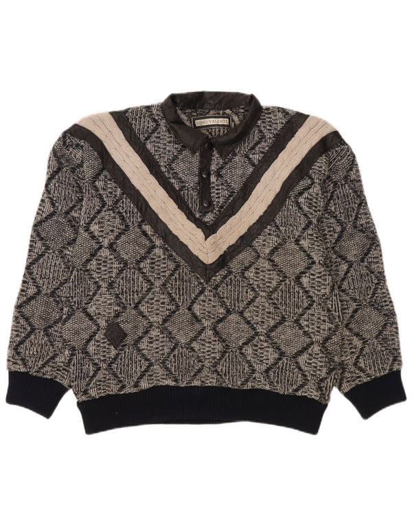 Maglione vintage da uomo con collo a polo piccolo acrilico geometrico grigio