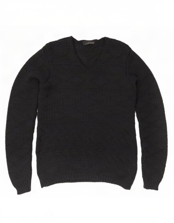 Zara Mens V-Neck Jumper Sweater Medium Black Acrylic