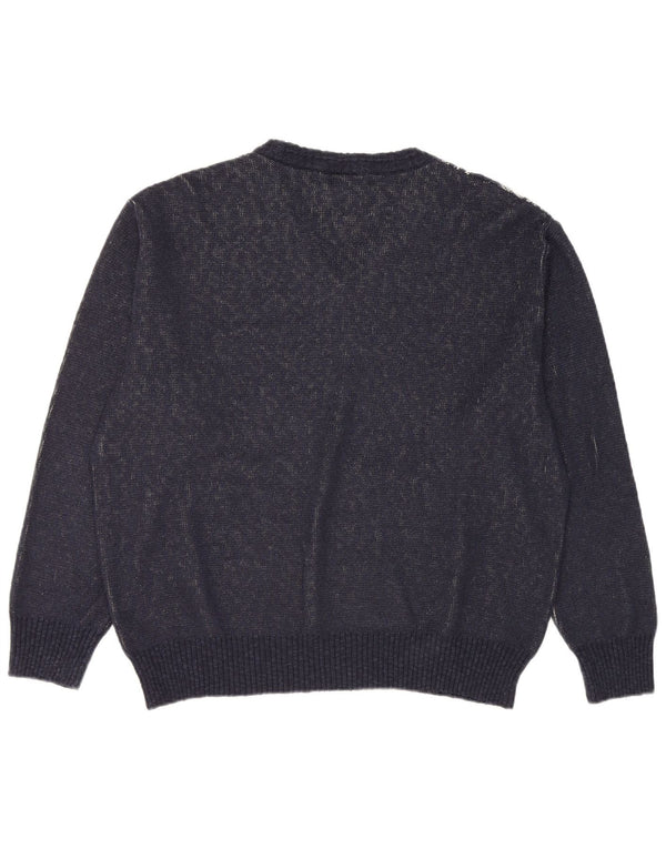 Vintage Mens V-Neck Jumper Sweater IT 52 Large Navy Blue Geometric Cotton