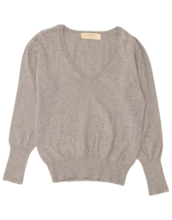 Zara Dame V-hals sweater UK 14 Stor grå Flecked Bomuld