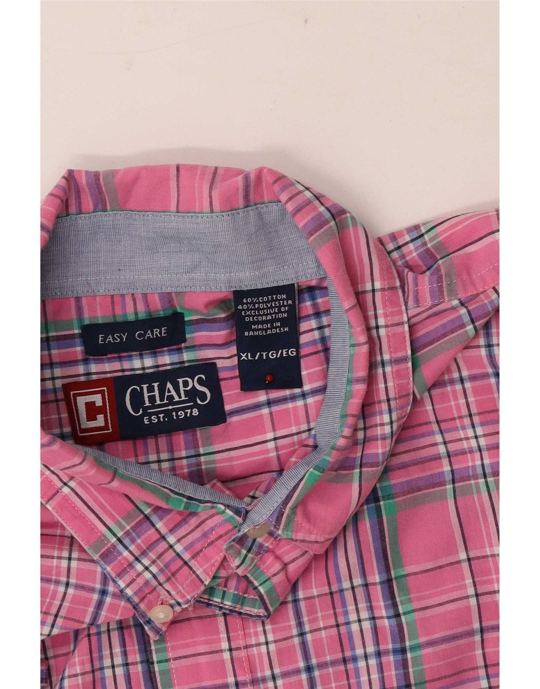 Chaps Mens Easy Care Short Sleeve Shirt XL Pink Check Cotton