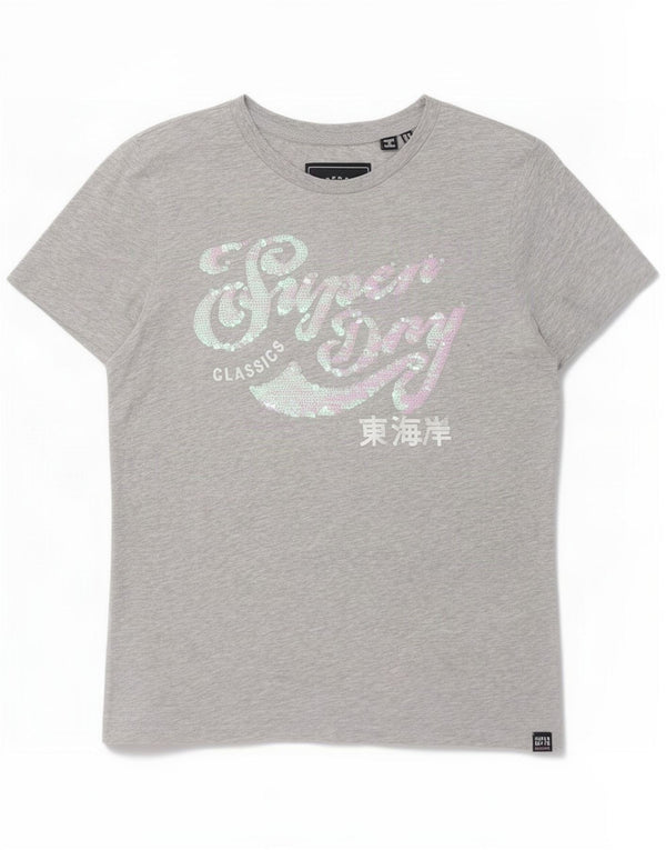 T-shirt grafica da donna Superdry Top UK 14 grande cotone chiazzato grigio