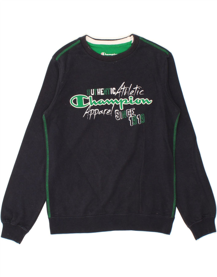 CHAMPION Boys Graphic Sweatshirt Jumper 9-10 Years Medium Navy Blue Cotton Vintage Champion and Second-Hand Champion from Messina Hembry 