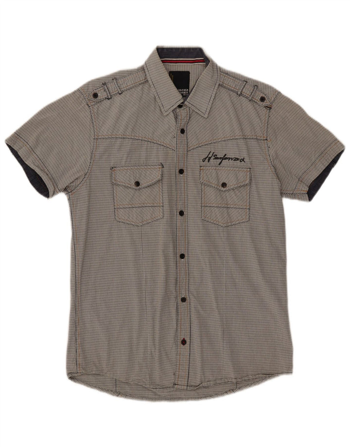 Jack & Jones Mens Military Graphic Short Sleeve Shirt Medium Grey Check