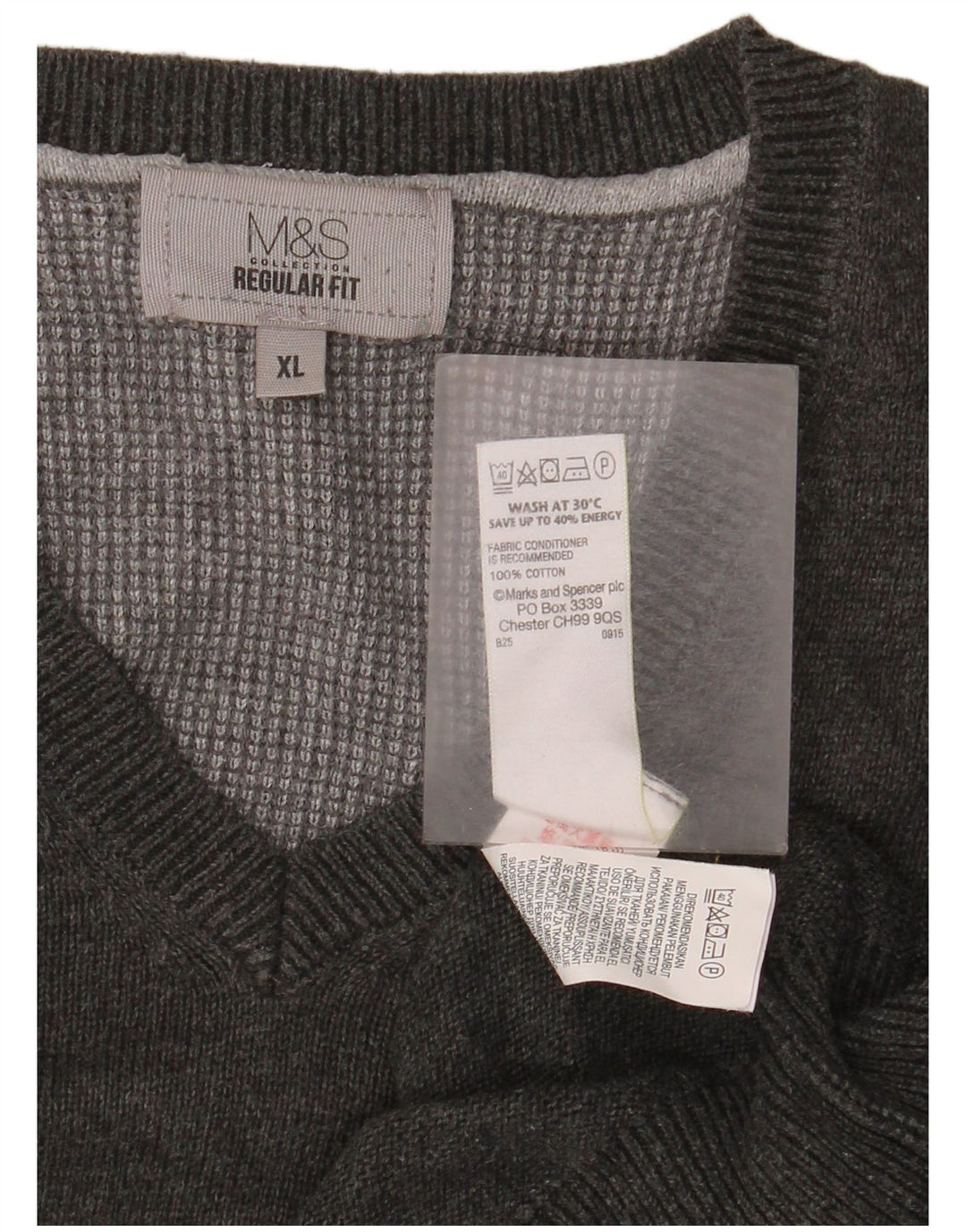 Marks & Spencer Mens Regular Fit V-Neck Jumper Sweater XL Grey Cotton