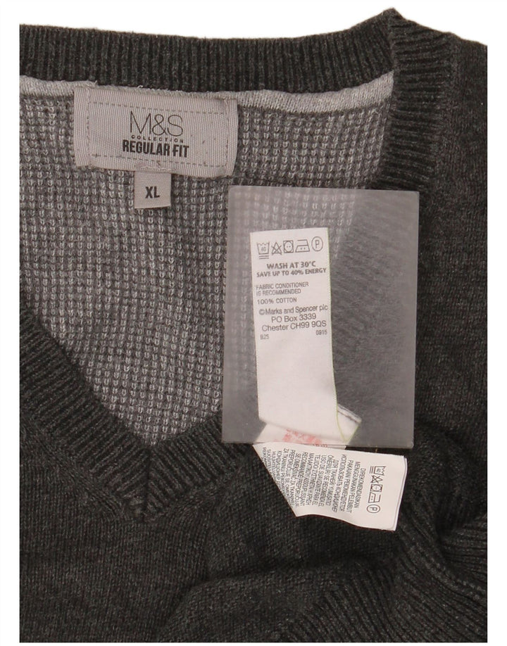 Marks & Spencer Mens Regular Fit V-Neck Jumper Sweater XL Grey Cotton